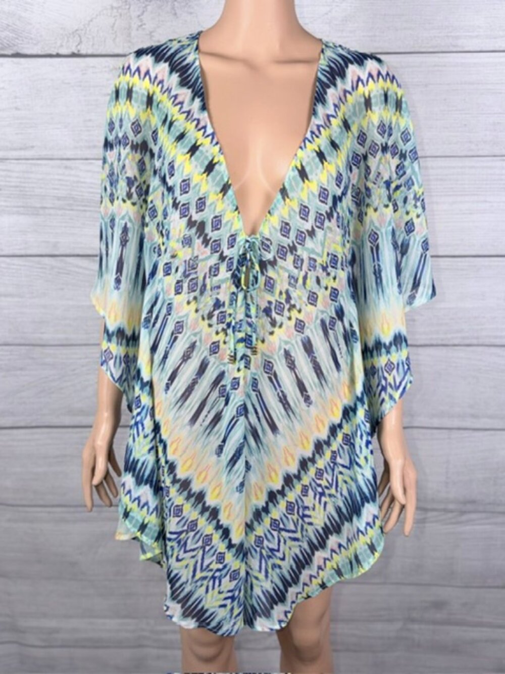 Bar III Kimono Swim Cover Up Blue Green Ikat Tribal Tie Front Size S